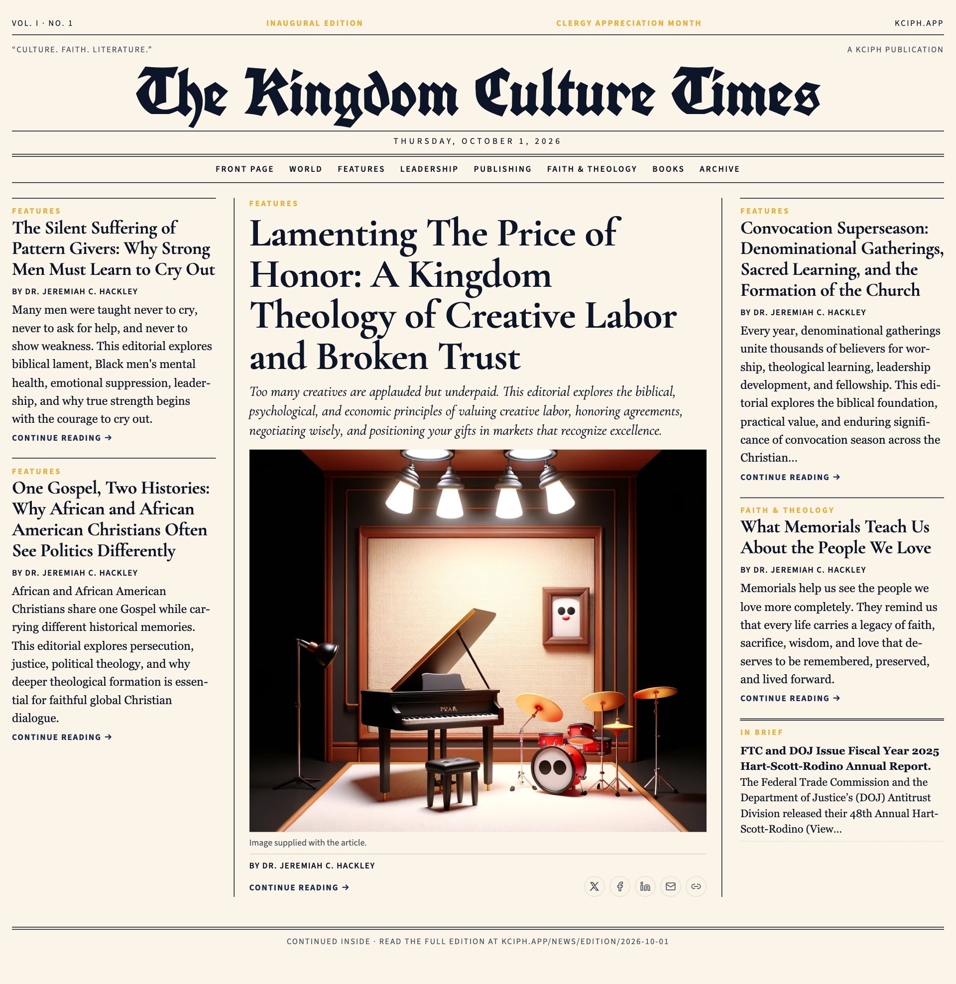 Front page of The Kingdom Culture Times, Thursday, October 1, 2026