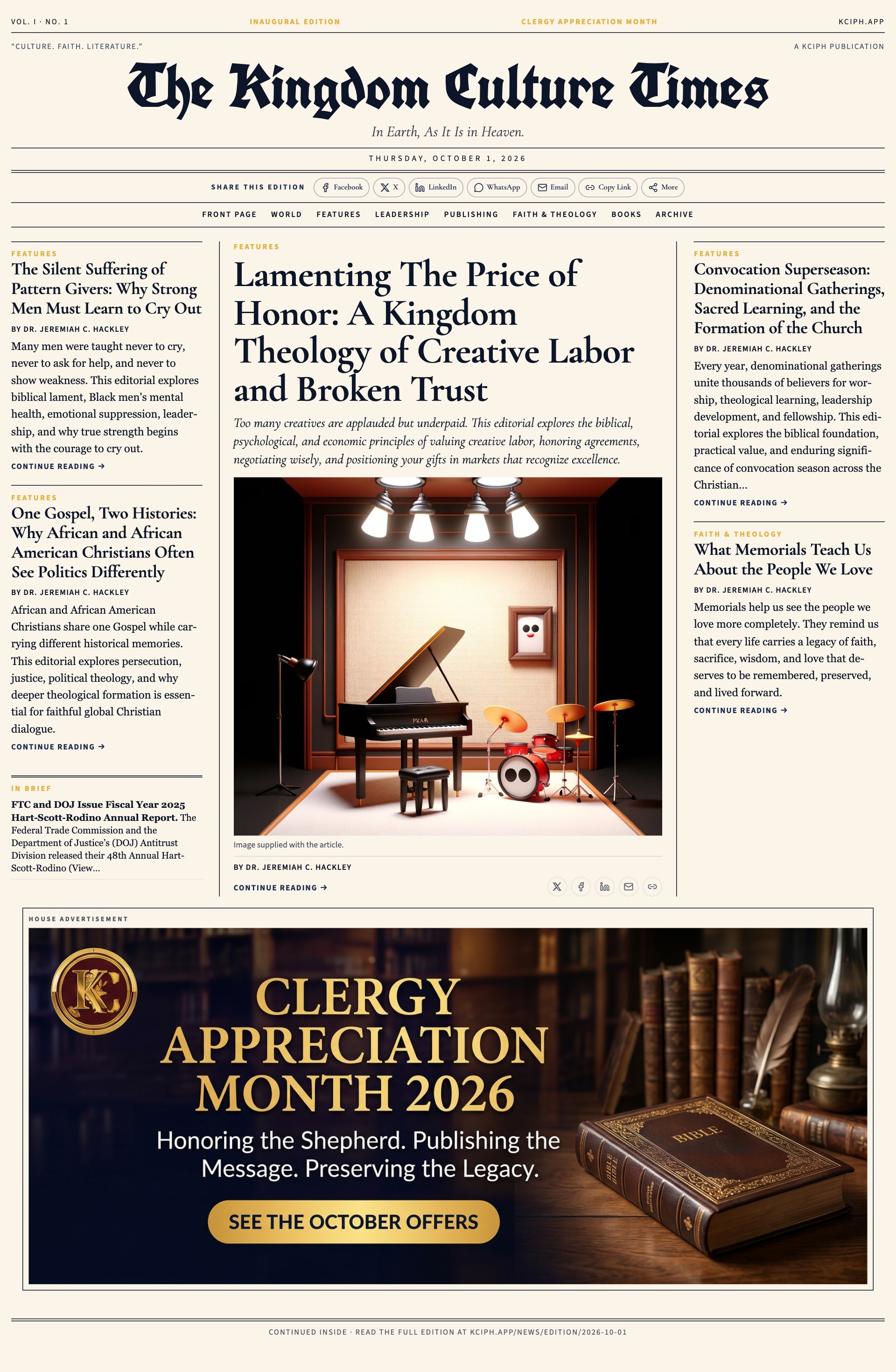 Front page of The Kingdom Culture Times, Thursday, October 1, 2026
