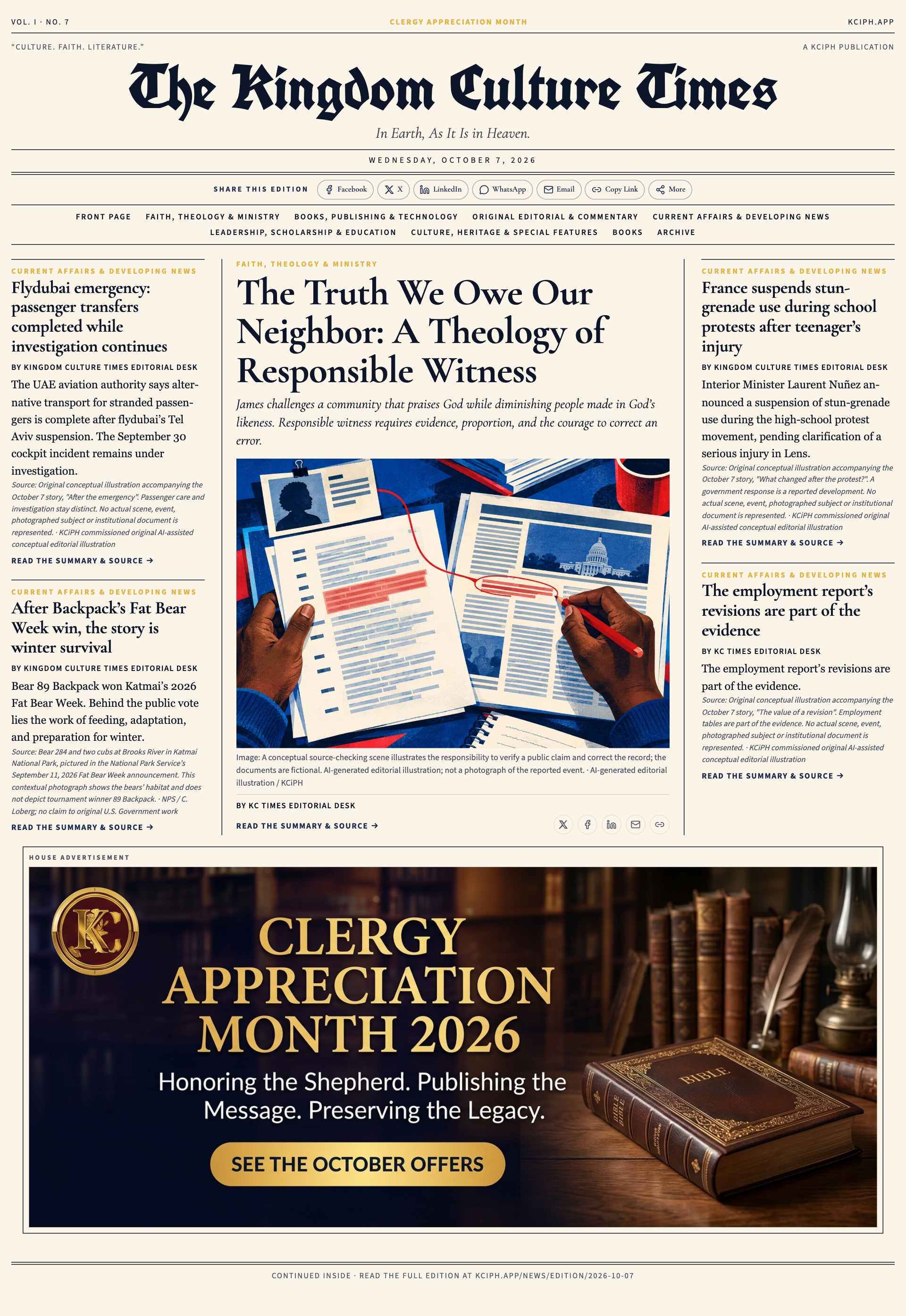 Front page of The Kingdom Culture Times, Wednesday, October 7, 2026