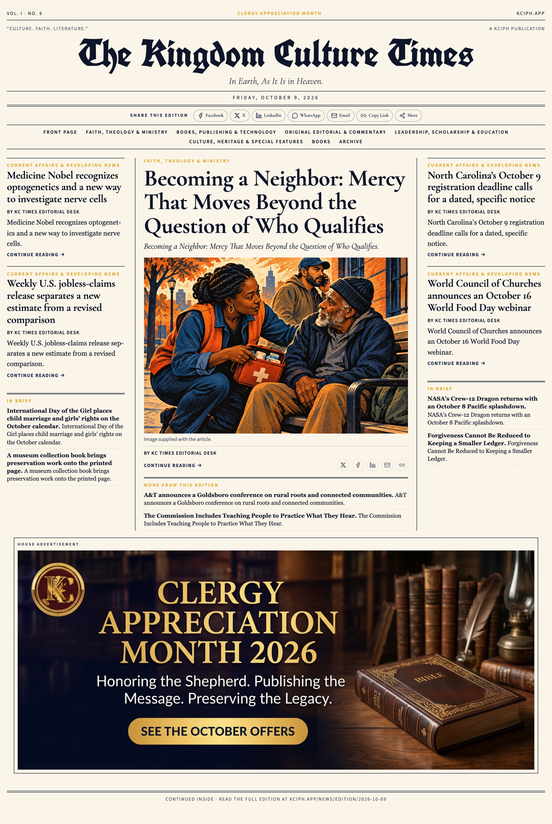 Front page of The Kingdom Culture Times, Friday, October 9, 2026